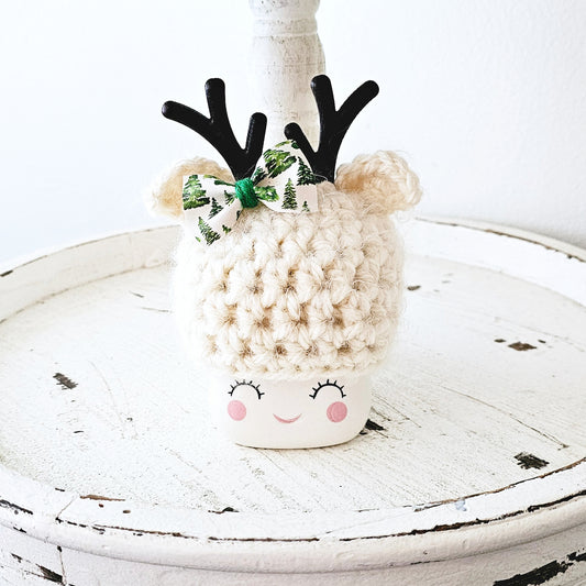 Christmas Marshmallow Mug Hat Fuzzy Bow Reindeer Winter Farmhouse Kitchen Tiered Tray Decor