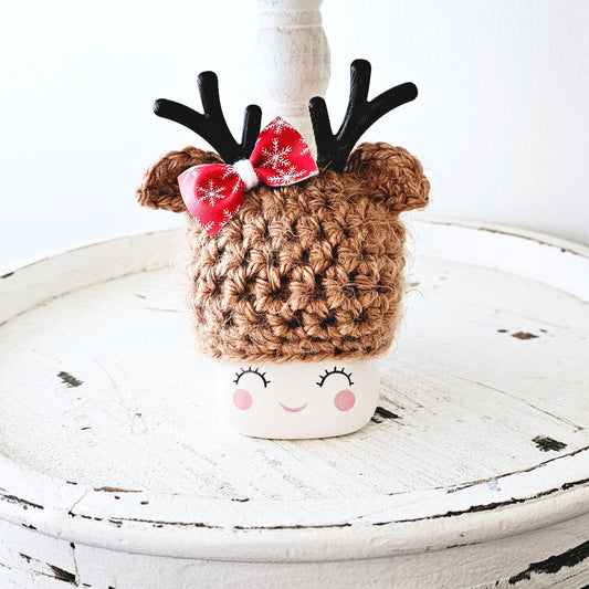 Christmas Marshmallow Mug Hat Fuzzy Bow Reindeer Winter Farmhouse Kitchen Tiered Tray Decor