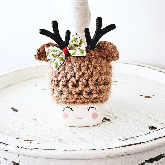 Christmas Marshmallow Mug Hat Fuzzy Bow Reindeer Winter Farmhouse Kitchen Tiered Tray Decor