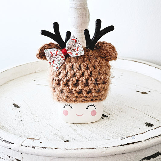 Christmas Marshmallow Mug Hat Fuzzy Bow Reindeer Winter Farmhouse Kitchen Tiered Tray Decor