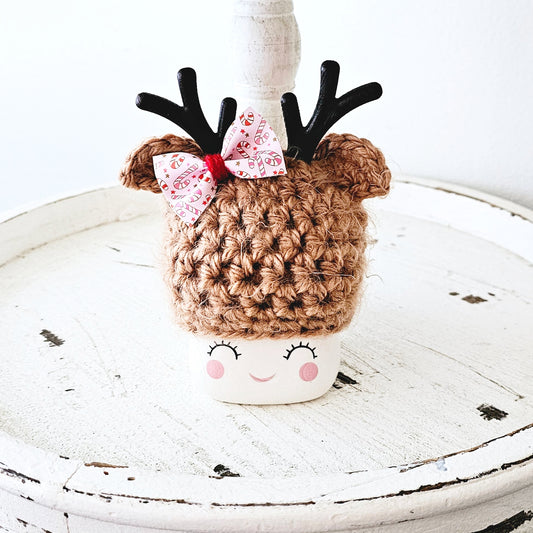Christmas Marshmallow Mug Hat Fuzzy Bow Reindeer Winter Farmhouse Kitchen Tiered Tray Decor