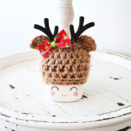 Christmas Marshmallow Mug Hat Fuzzy Bow Reindeer Winter Farmhouse Kitchen Tiered Tray Decor