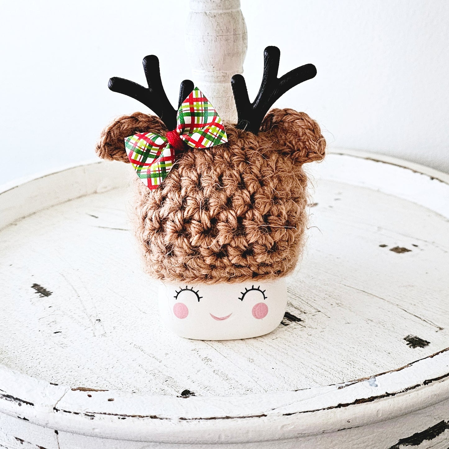 Christmas Marshmallow Mug Hat Fuzzy Bow Reindeer Winter Farmhouse Kitchen Tiered Tray Decor