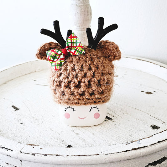 Christmas Marshmallow Mug Hat Fuzzy Bow Reindeer Winter Farmhouse Kitchen Tiered Tray Decor