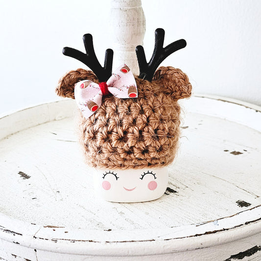 Christmas Marshmallow Mug Hat Fuzzy Bow Reindeer Winter Farmhouse Kitchen Tiered Tray Decor