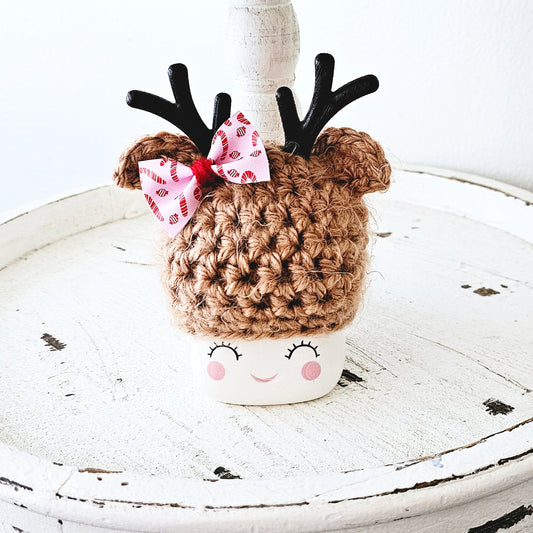 Christmas Marshmallow Mug Hat Fuzzy Bow Reindeer Winter Farmhouse Kitchen Tiered Tray Decor