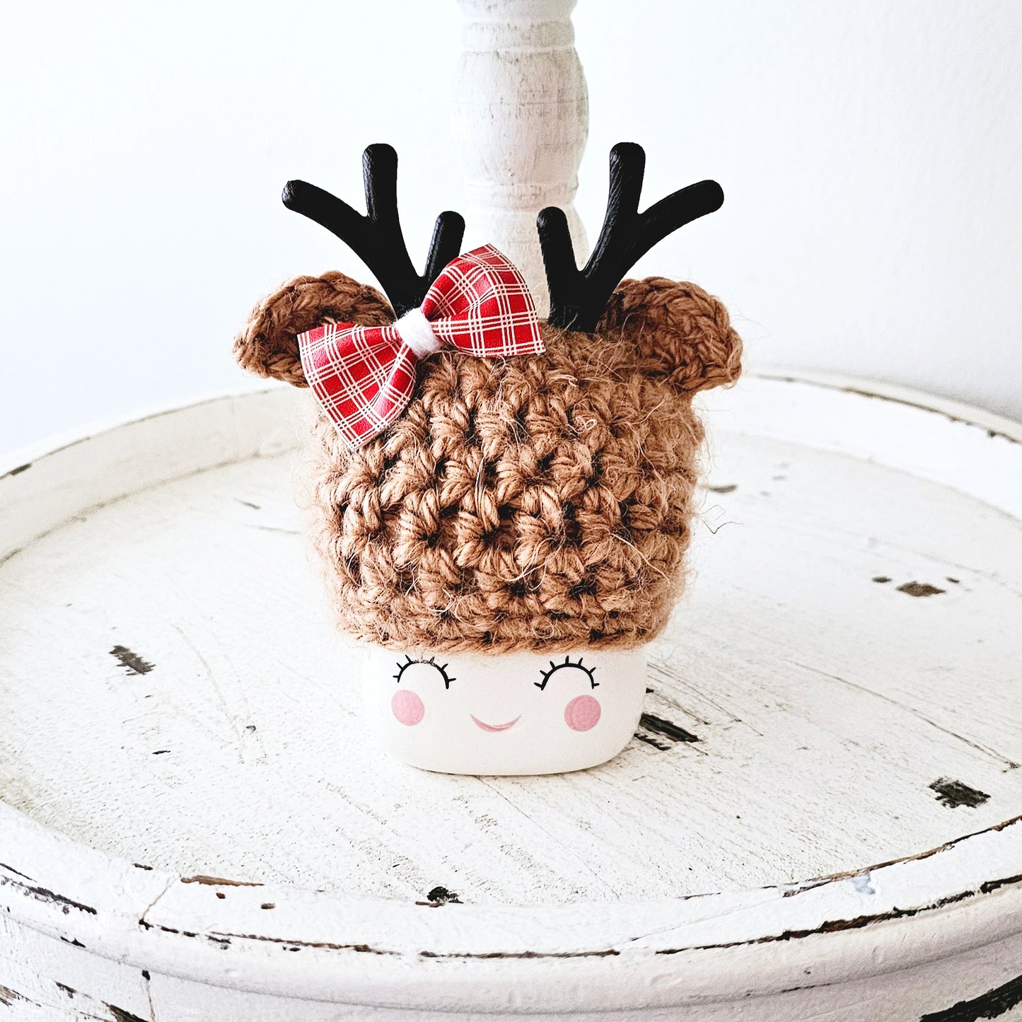 Christmas Marshmallow Mug Hat Fuzzy Bow Reindeer Winter Farmhouse Kitchen Tiered Tray Decor