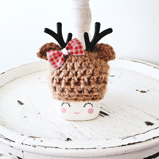 Christmas Marshmallow Mug Hat Fuzzy Bow Reindeer Winter Farmhouse Kitchen Tiered Tray Decor