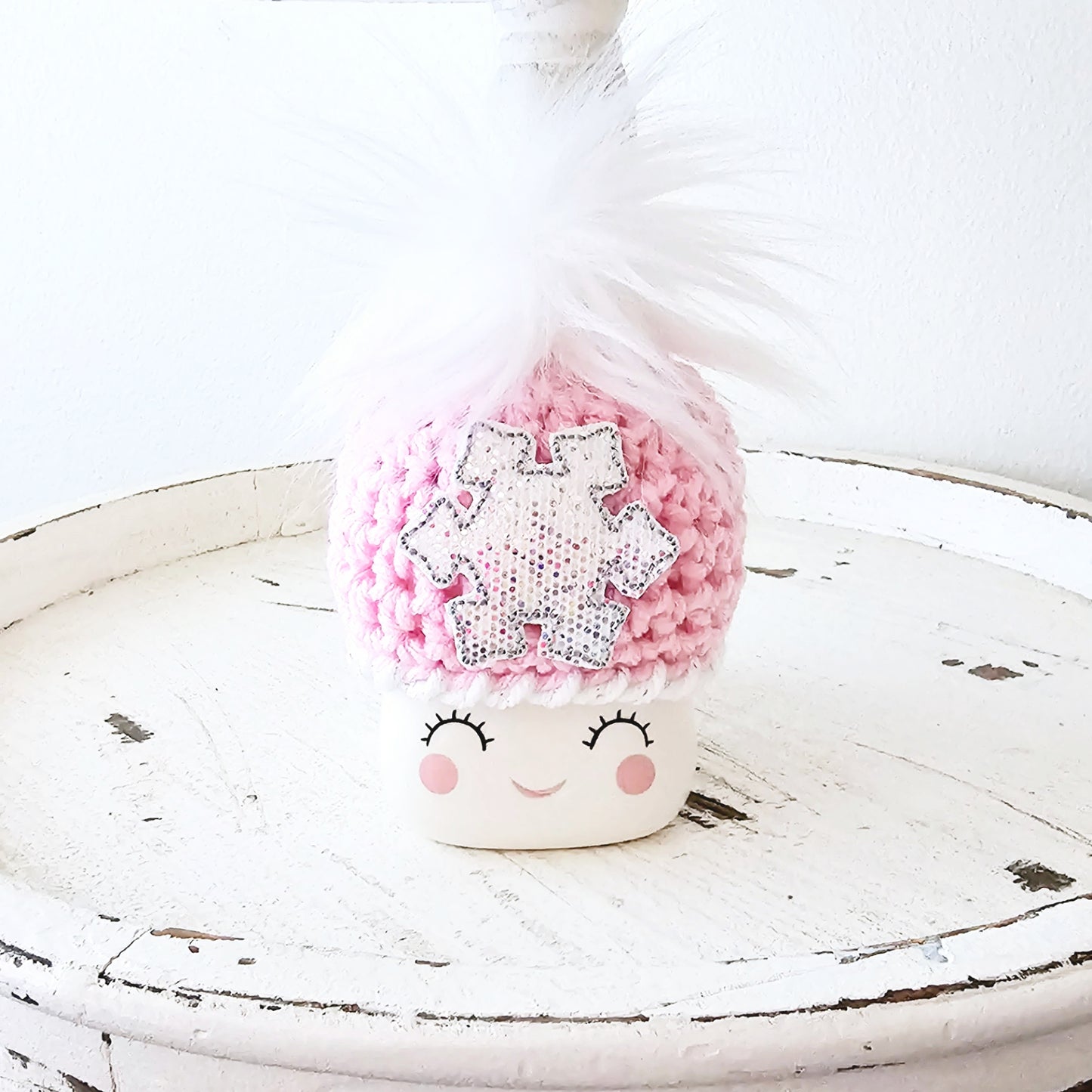 Christmas Marshmallow Mug Hat Pink Snowflake Winter Farmhouse Kitchen Tiered Tray Decor