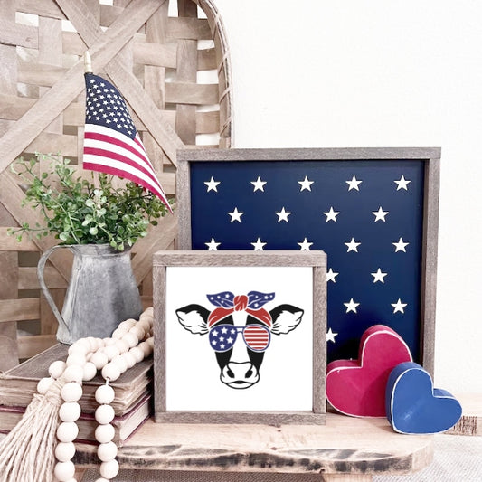 4th Of July Wood Sign Patriotic Cow Farmhouse Kitchen Tiered Tray Decor