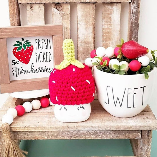 Strawberry Marshmallow Mug Hat Summer Decor Farmhouse Kitchen Tiered Tray Decor Crochet Hat