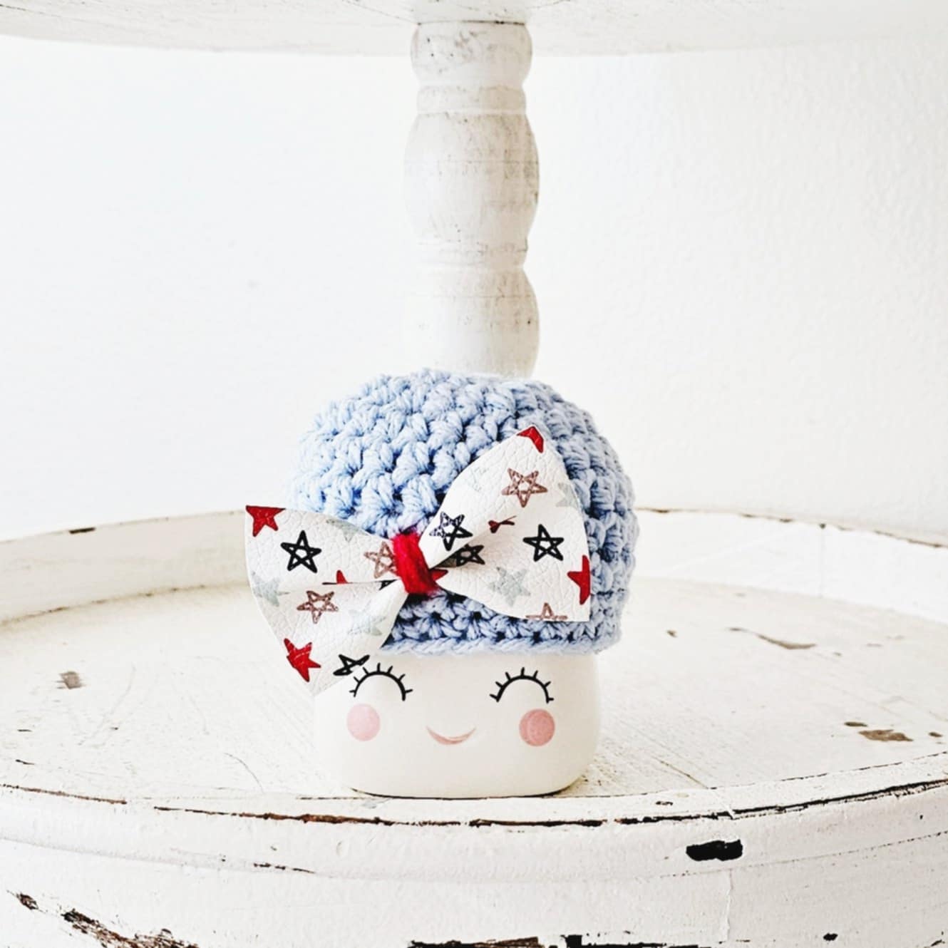 4th Of July Bow Marshmallow Mug Hat Patriotic Farmhouse Kitchen Tiered Tray Decor Crochet Hat