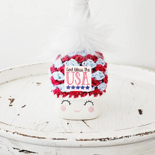 4th Of July God Bless The USA Marshmallow Mug Hat Patriotic Farmhouse Kitchen Tiered Tray Decor Crochet Hat