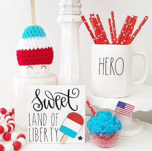 4th Of July Popsicle Ice Cream Marshmallow Mug Hat Patriotic Farmhouse Kitchen Tiered Tray Decor Crochet Hat
