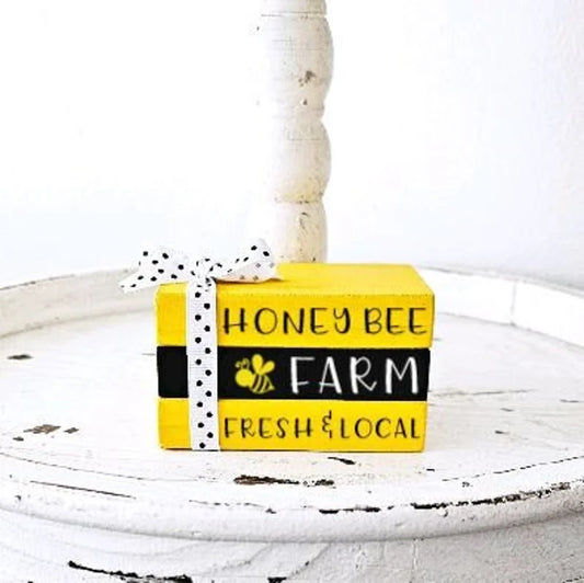 Wood Book Stack Farm Fresh Honey Bee Farmhouse Tiered Tray Decor
