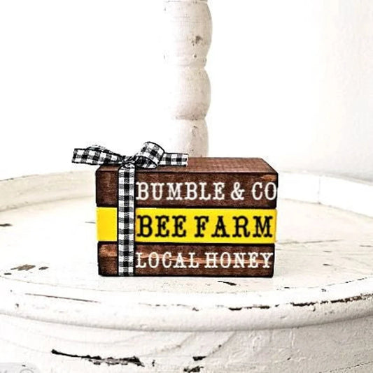 Wood Book Stack Farm Fresh Honey Bee Farmhouse Tiered Tray Decor
