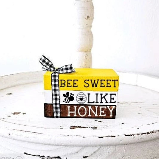 Wood Book Stack Farm Fresh Honey Bee Farmhouse Tiered Tray Decor