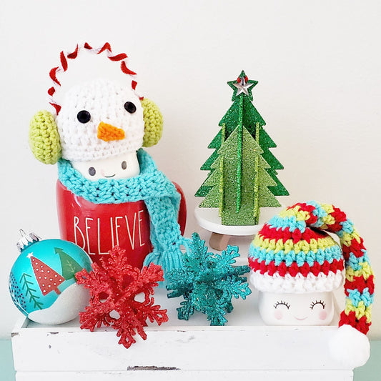 Christmas Marshmallow Mug Hat Snowman Scarf Striped Hat Winter Farmhouse Kitchen Tiered Tray Decor